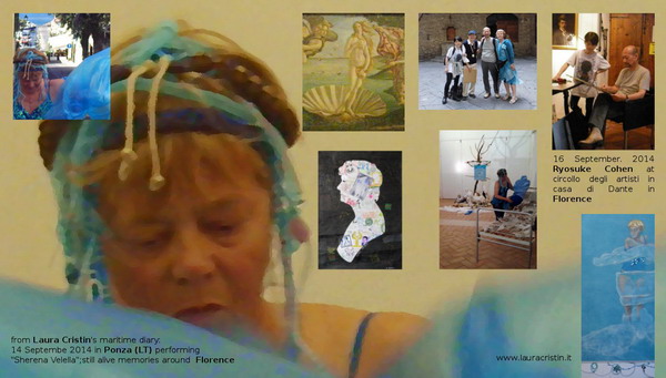 clockwise from bottom left: 1) still frame from the video of the performance “Sherena Velella” in Ponza LT, 2) Sherena Velella with Ponza harbour, 3) “Birth of Venus” by Botticelli at Uffizi, 4) Noriko Shimizu, Gianni Broi, Ryosuke Cohen, Laura Cristin outside Casa di Dante in Florence on September 16th, 5) Ryosuke at work, 6) detail of Tarots' ensign 2 “ear_th”, 2010, 7) performance at “Lo Stracquo”, September 14th, 2014, 8) silhouette portrait of Laura Cristin by Ryosuke Cohen, 2009