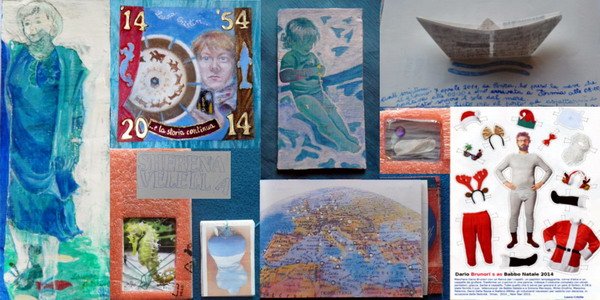 Legenda of the card – crib 2014, year of the Seahorse yang – (clockwise from left): 1) ”Intimacy” cm 26x9,5 acrylic and paste on a piece of wood – rescued from the shed – that was used in the Nineties for colour proof, 2) “Selfportrait at 60” cm 14,5x14,5 acrylic and paste on disposable textile coupled with cardboard, 3) “Lorenzo a due anni” cm 14,5x8 acrylic on wood, 3) paper boat in “Sherena Velella artistbook 1r”, detail of a reliquary of a velella velella in “Sherena Velella 1”, 4) “Dario Brunori s as Babbo Natale 2014” activity puppet sheet, 5) Atlas from the center of Mediterraneo, ATCards and title from “Sherena Velella book 1”.