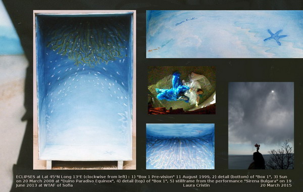 Eclipses at Lat 45°N, Long 13°E (clockwise from left): 1) "Box 1 Pre-vision" 11 August 1999, 2) detail (bottom) of "Box 1", 3) Sun on 20 March 2008 at "Duino Paradiso Equinox", 4) detail (top) of "Box 1", 5) stillframe from the performance "Sirena Bulgara" in Sofia on 19 June 2013 at WTAF