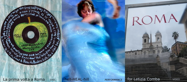 Artist Trading Cards 41 for London Biennale opening in Rome: disc, oil on vinyl, 1968-2016, poster for performance "hell-HEAL-hill", ph. L. Maria Mino and photo of Rome by Laura Cristin