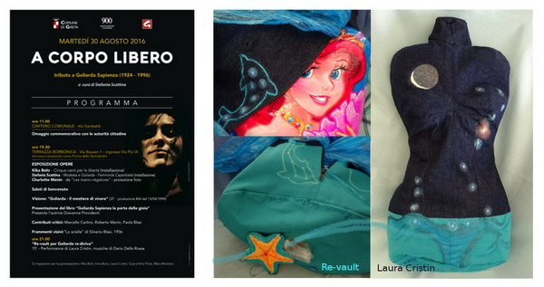 Poster of “A Corpo Libero” tribute for Goliarda Sapienza in Gaeta, August 30th, 2016. Card with details of the jeans textile bust “Re-vault”, h 75 cm, mixed tecniques, 2014-'16. Clockwise: Siren's filling - front view with the moon and the constellation of Scorpio (Antares), uterus and anemones - dolphen, moon and starfish in the back.