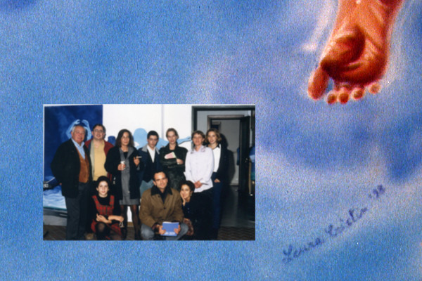 Detail of “oisEAU”, acrylic on canvas and photo of the last ones to leave “La Festa dei Buchi” at Laura Cristin's home-atelier in Bagnaria Arsa, Udine on 25 October 1998.