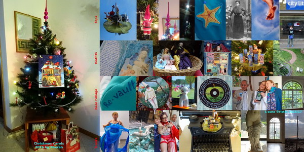 Main image on the left: Christmas Tree 2016 TOPs: pop-up card “Pirouettes” – Santa Claus pendant for “La Festa dei Cugini” 1992 – 'Xmas tree top – Supermoon in Gabria (Gorizia) 13NOV2016 – starfish in “Re-vault” bust 2014-'16 – photo of my grandma from her diary “Memorie di Fumis Angela 1914-1916” – detail of “oisEAU” 1998 – selfie at City Lit in London 2016. heARTs: TRIPtych for the Mothers of Capua 2016 – crib in Naples (San Giovanni Armeno) similar nativity scene (figurines) was sent to Dario1 – “Wunderhouse” oil on glass 1987 – “Pirouettes NEW” ball with Brunori Sas figurines – the garden of peace at Kingsley Hall in London. BASE Foliage: detail of “Re-vault” in Gaeta (Latina) – Pulcinella tambourine in Naples – Rainbow Dash at aardverx in London – “OB-LA-DI', OB-LA-DA” disc revisited 1968-2016 – at London Biennale opening in Rome with Raffaella Losapio and David Medalla – Kingsley Hall window. TRUNKs: performance “hell-HEAL-hill” in Rome – Siren/dolphin fountain at Napoli Centrale – Reynolds and I in Rome after having painted on her heart – Olivetti writing 'Xmas Carols 2016 – Afrodite “Pudica” at Archeological Museum in Naples – door-window at Kingsley Hall – baby hazel tree in “the field” of Bagnaria Arsa (Udine) similar photo was selected for the calender of the municipality (April).