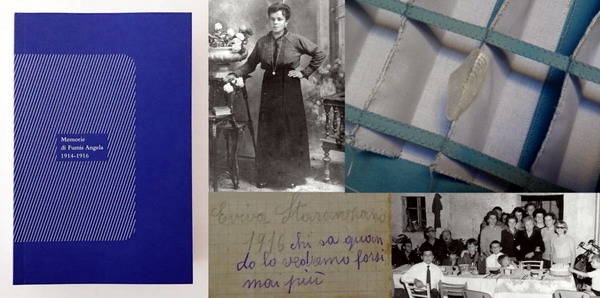 Left to right clockwise: "Memorie di Fumis Angela 1914-1916" book 2016; portrait of Angela1914, detail of Tarotensign XII